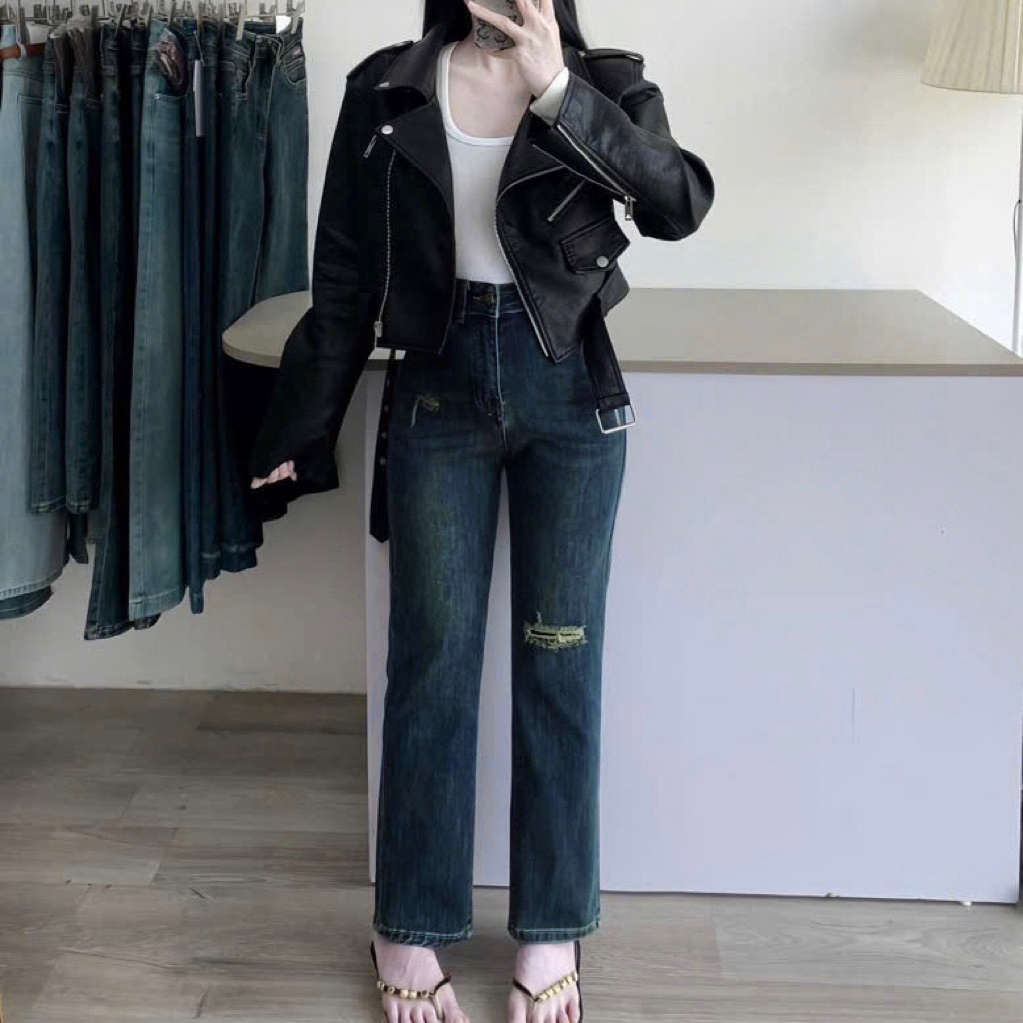(90cm) Quần Jean Nữ Ống Đứng Trơn Co giãn ,  Đủ Size S/M/L ( 7169 )