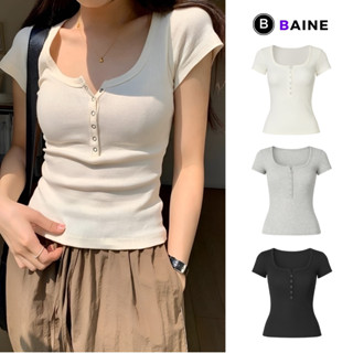  Áo Babytee TAY NGẮN NÚT BẤM DÁNG DÀI Cổ Vuông Chất Thun Gân Dày DD64 Áo Thun Ôm Body Kiểu Basic Nữ BAINE 