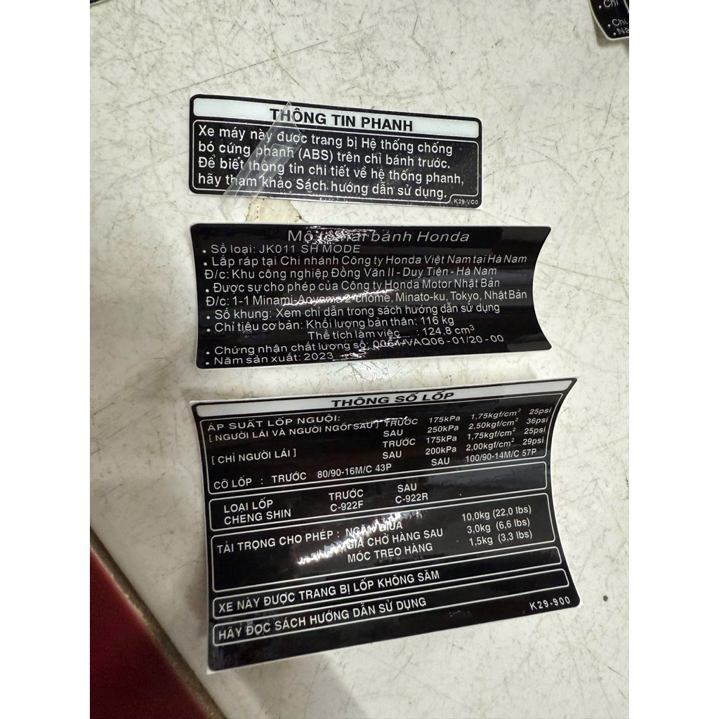 Tem thông số SH Mode(2019-2024)(gồm tem thông tin phanh ABS,tem năm sản xuất,tem thông số lốp)