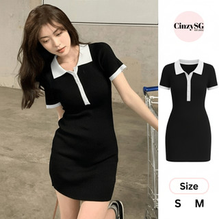 Đầm Body Polo Nữ Đen Phối Cổ Trắng Ngắn Tay – Váy Ôm Dáng Len Gân Co Giãn Thoải Mái DB06 CinZy SG