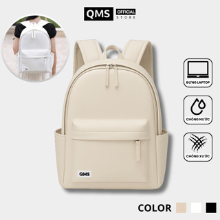 Balo da PU QMS chống nước, đi học, đi làm, nhiều ngăn, đựng laptop, dáng basic thời trang unisex