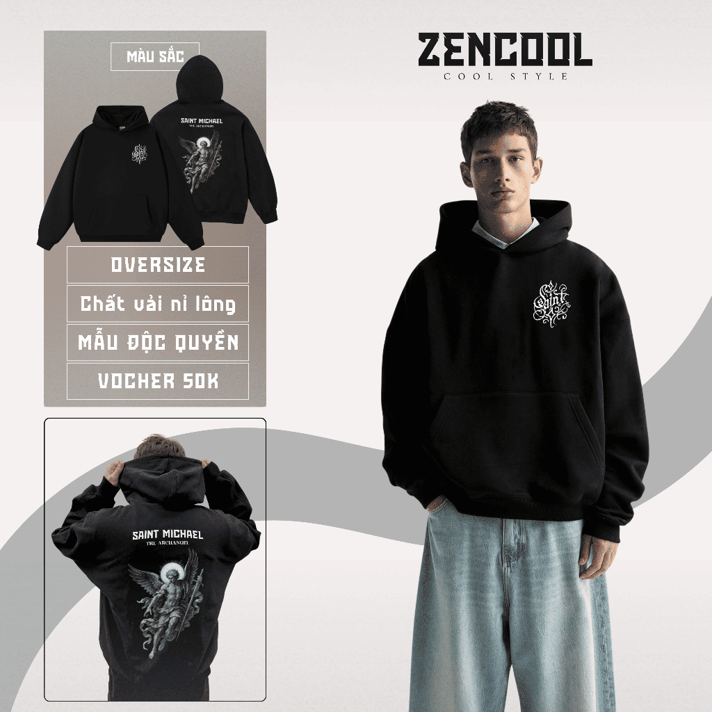 Áo Hoodie "Saint Michael" nỉ bông Zencool – Hoodie Saint Michael form rộng mũ to đen cao cấp