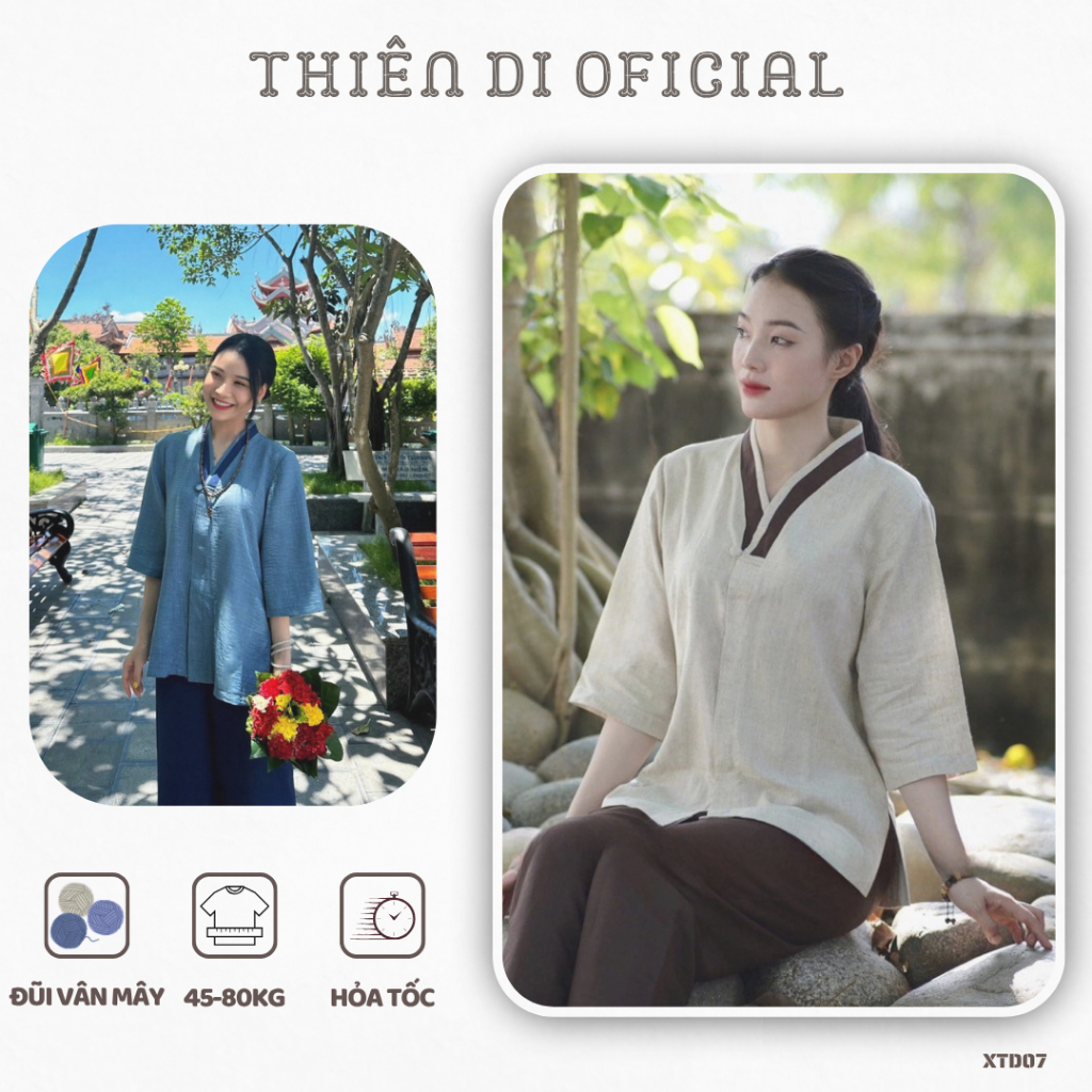 Đồ lam nữ đi lễ chùa bigsize đũi vân mây, set pháp phục đi chùa cho phật tử Thiên Di D07