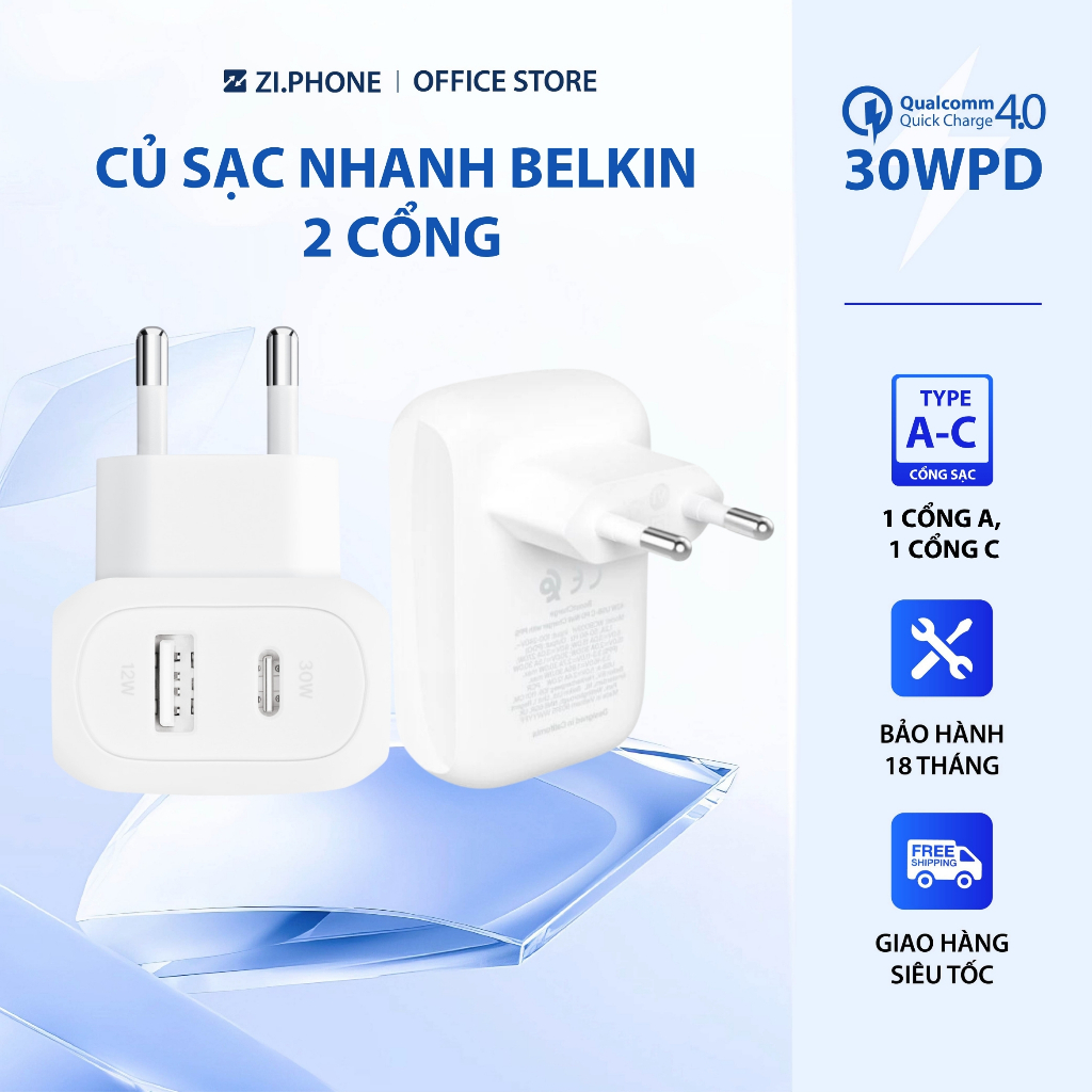 Củ sạc nhanh Belkin chính hãng 2 cổng, sạc nhanh sạc 2 thiết bị cùng lúc, nhỏ gọn, an toàn, bền bỉ