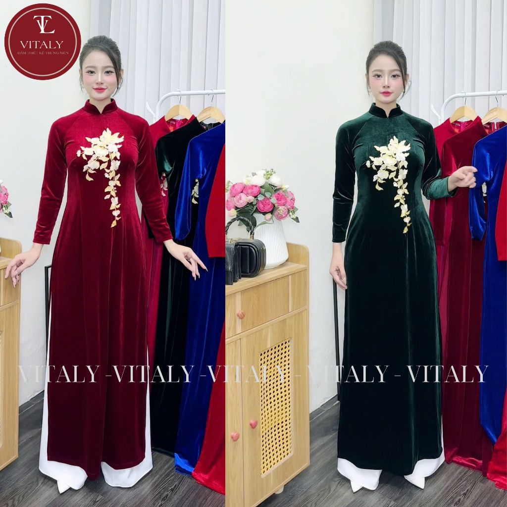 Áo Dài Nữ Thêu Họa Tiết Sang Trọng,Áo Dài Nữ Truyền Thống Cho Mẹ Trung Niên Cao Cấp 2 Tà Cổ Cao 2cm 