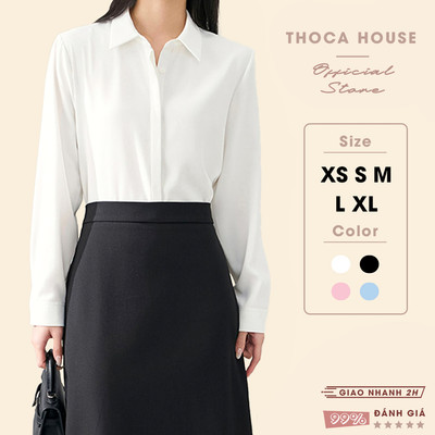 Áo sơ mi nữ dài tay trắng, đen dáng suông giấu nút THOCA HOUSE sơ mi công sở vải lụa chéo mềm mịn