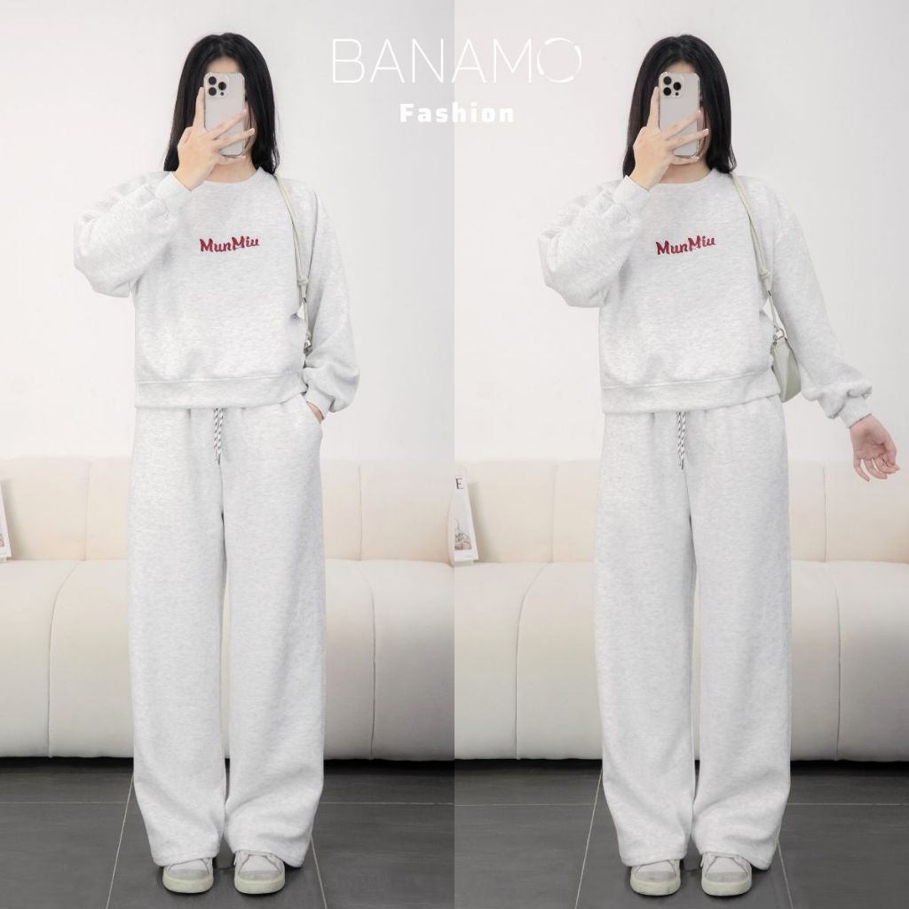 Set đồ nỉ nữ BIGSIZE Banamo Fashion áo sweatshirt phối quần suông ống rộng cạp chun dây rút mặc ở nhà đi chơi 145 | BigBuy360 - bigbuy360.vn