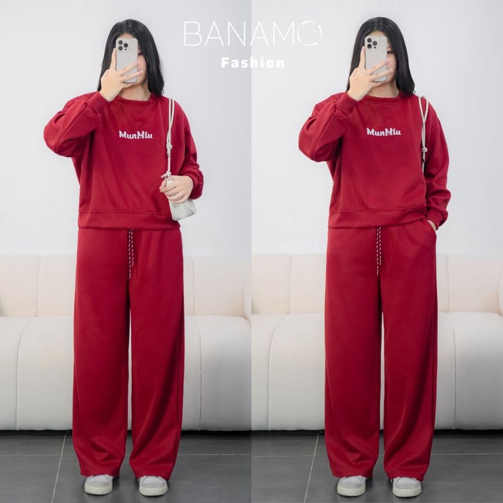 Set đồ nỉ nữ BIGSIZE Banamo Fashion áo sweatshirt phối quần suông ống rộng cạp chun dây rút mặc ở nhà đi chơi 145 | BigBuy360 - bigbuy360.vn