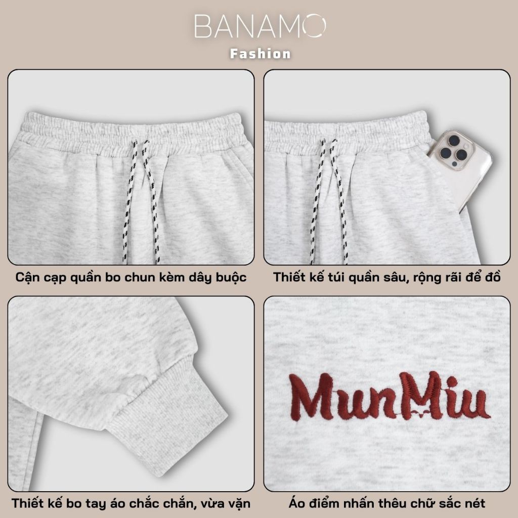 Set đồ nỉ nữ BIGSIZE Banamo Fashion áo sweatshirt phối quần suông ống rộng cạp chun dây rút mặc ở nhà đi chơi 145 | BigBuy360 - bigbuy360.vn