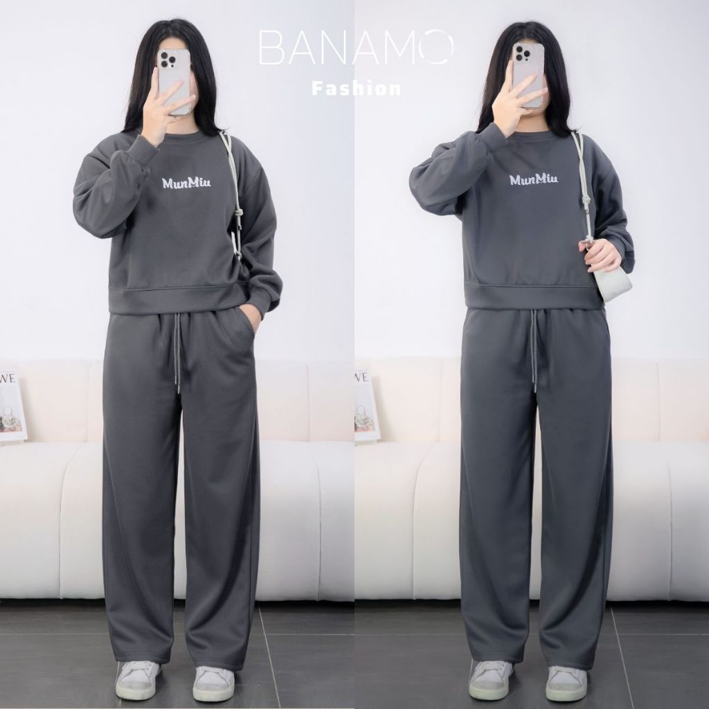 Set đồ nỉ nữ BIGSIZE Banamo Fashion áo sweatshirt phối quần suông ống rộng cạp chun dây rút mặc ở nhà đi chơi 145 | BigBuy360 - bigbuy360.vn