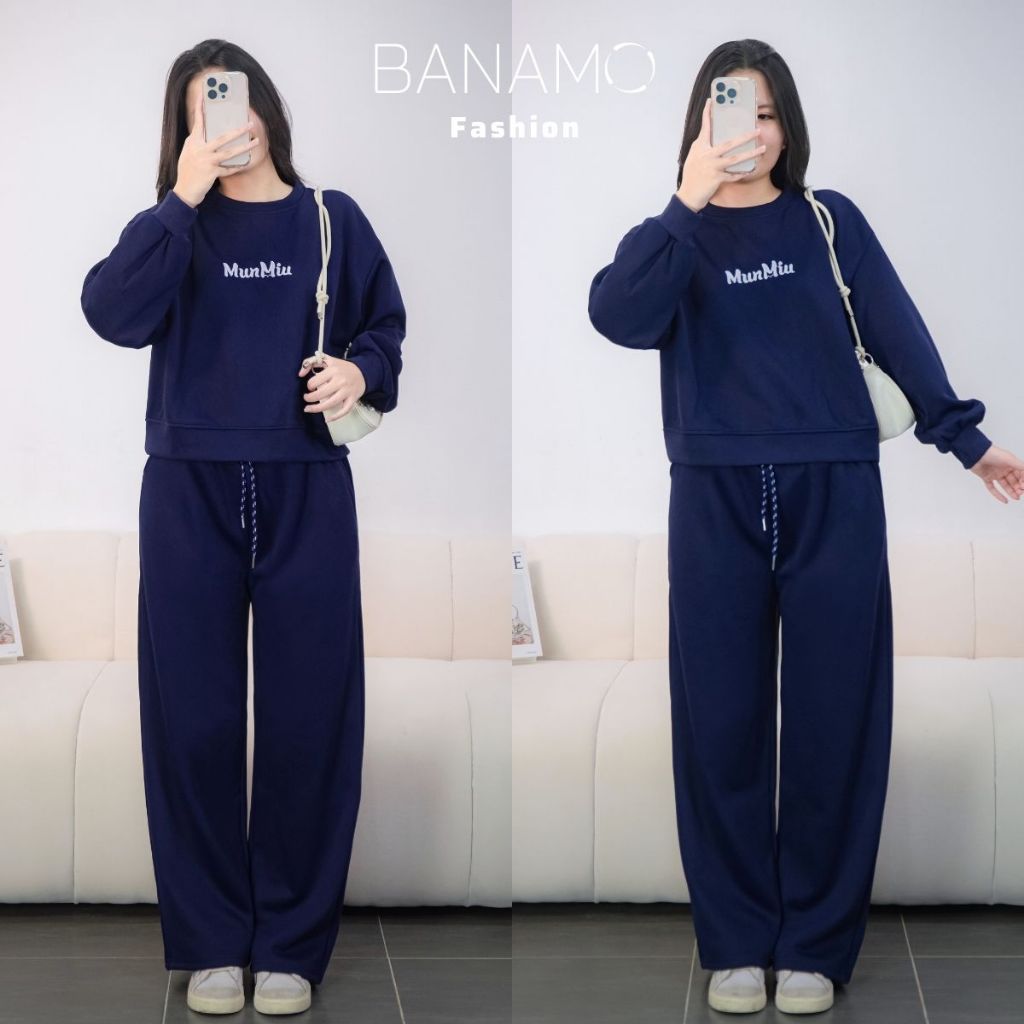 Set đồ nỉ nữ BIGSIZE Banamo Fashion áo sweatshirt phối quần suông ống rộng cạp chun dây rút mặc ở nhà đi chơi 145 | BigBuy360 - bigbuy360.vn