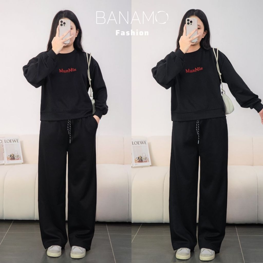 Set đồ nỉ nữ BIGSIZE Banamo Fashion áo sweatshirt phối quần suông ống rộng cạp chun dây rút mặc ở nhà đi chơi 145 | BigBuy360 - bigbuy360.vn