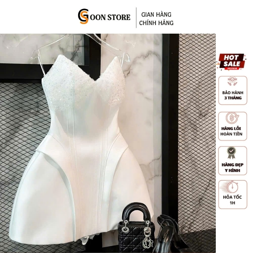 Đầm dây cup ngực đính đá Đen Trắng chiết eo tôn vòng eo tinh tế Goon Store