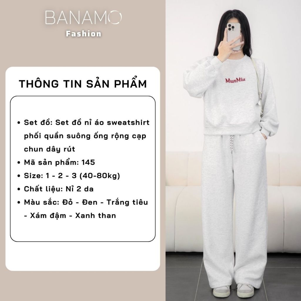 Set đồ nỉ nữ BIGSIZE Banamo Fashion áo sweatshirt phối quần suông ống rộng cạp chun dây rút mặc ở nhà đi chơi 145 | BigBuy360 - bigbuy360.vn