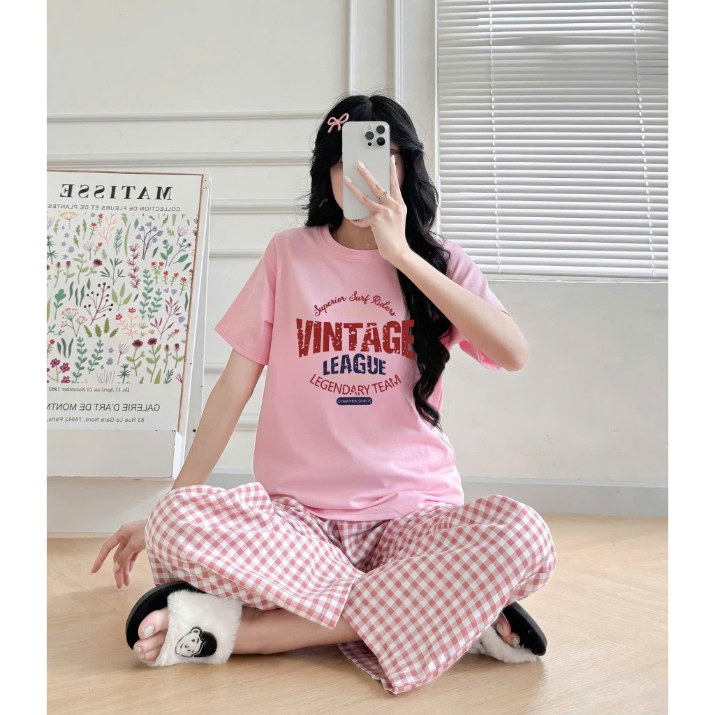 Sét bộ mặc nhà nữ Quần dài Kate, Áo thun ngắn tay cổ tròn in hình ALICEVN, Đồ bộ mặc nhà, mặc ngủ,mặ
