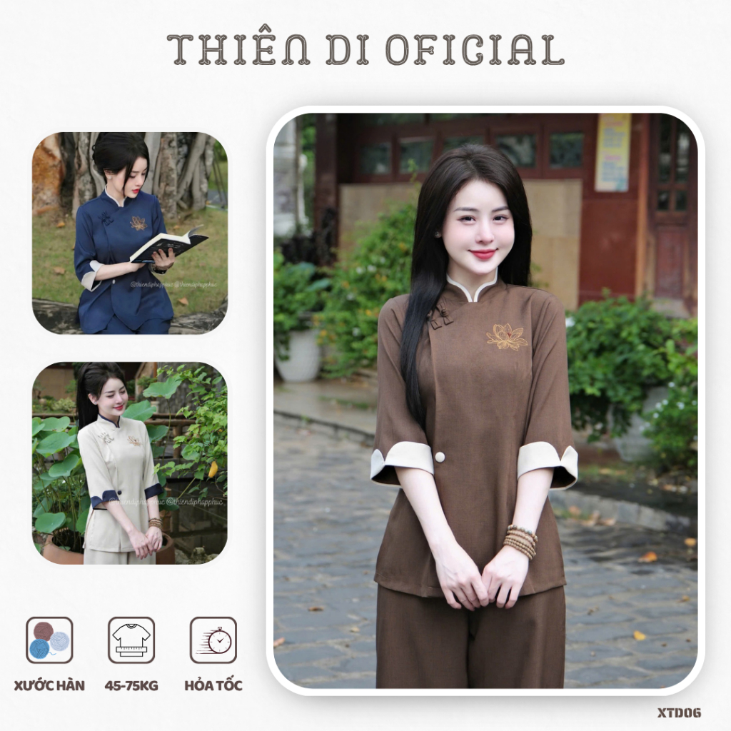 Đồ lam nữ đi lễ chùa nữ bigsize xước hàn thêu sen, set pháp phục đi chùa quần áo cho phật tử D06
