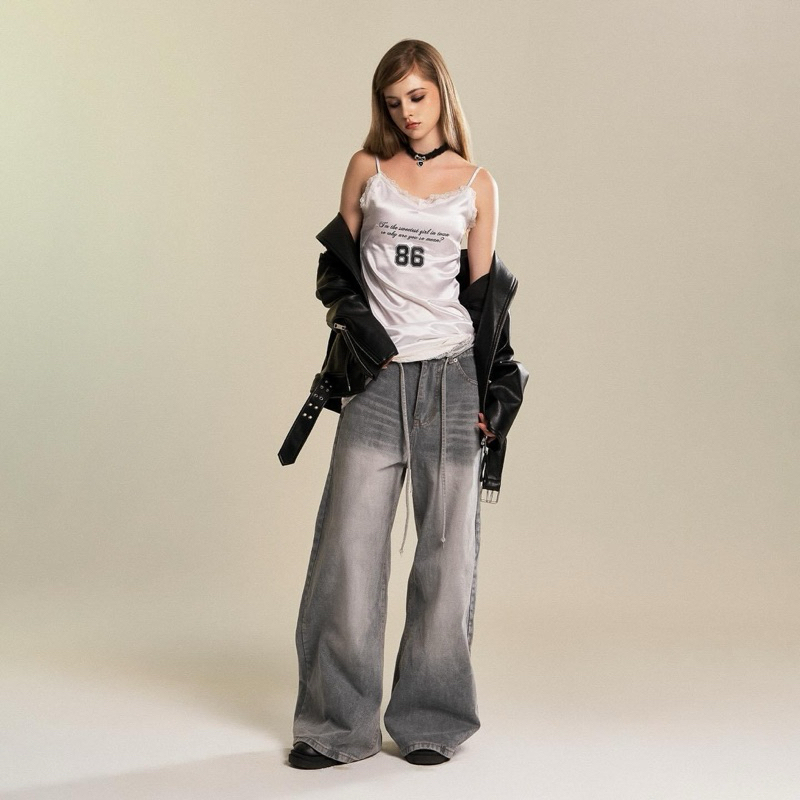 LIGHT SMOKE LOOSE PLEAT - Quần jeans dây thừng 1340