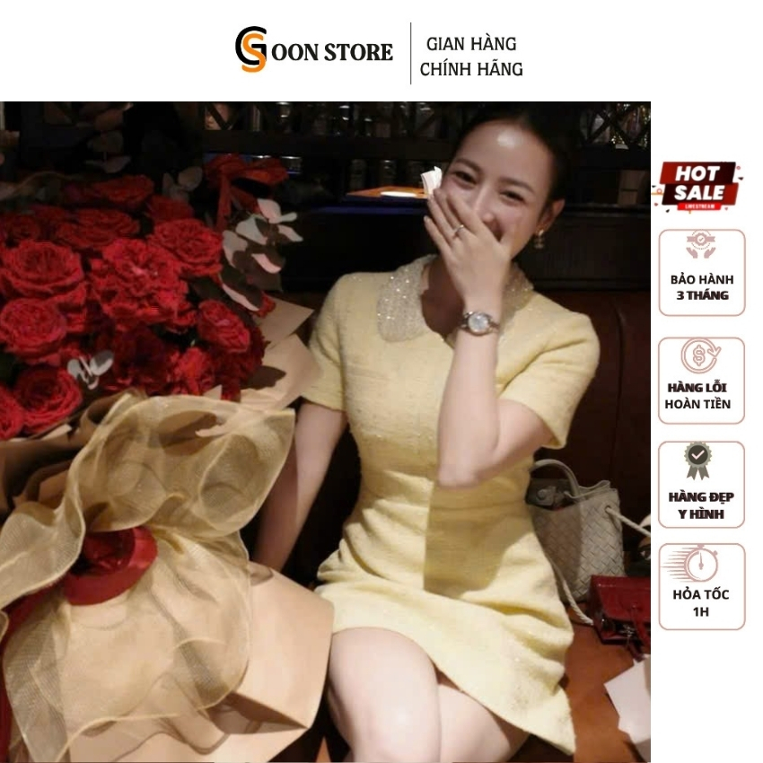 Đầm dạ vàng dáng ôm ngắn cổ bèo ngọc có túi sang trọng Goon Store