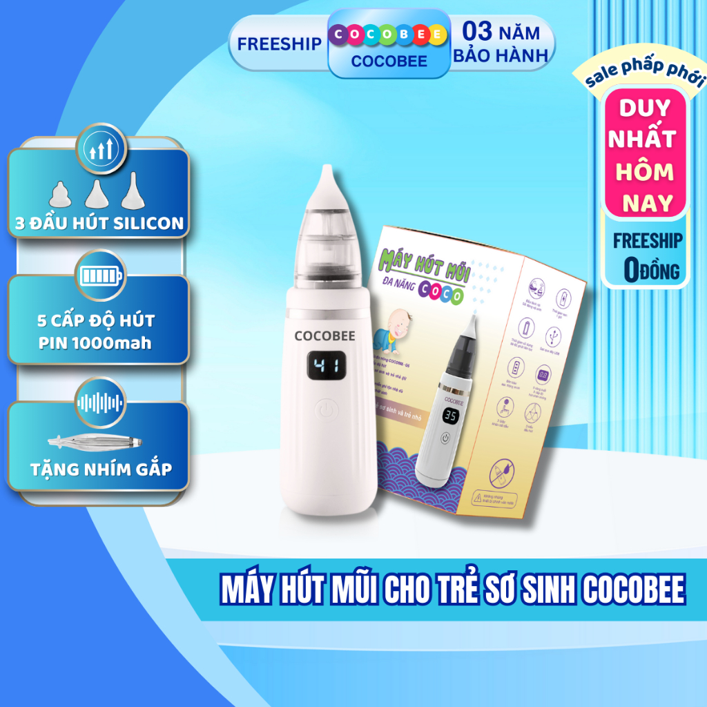 Máy hút mũi cho bé COCOBEE, dụng cụ hút mũi cho trẻ sơ sinh cầm tay, 3 đầu hút mềm mai, an toàn không đau
