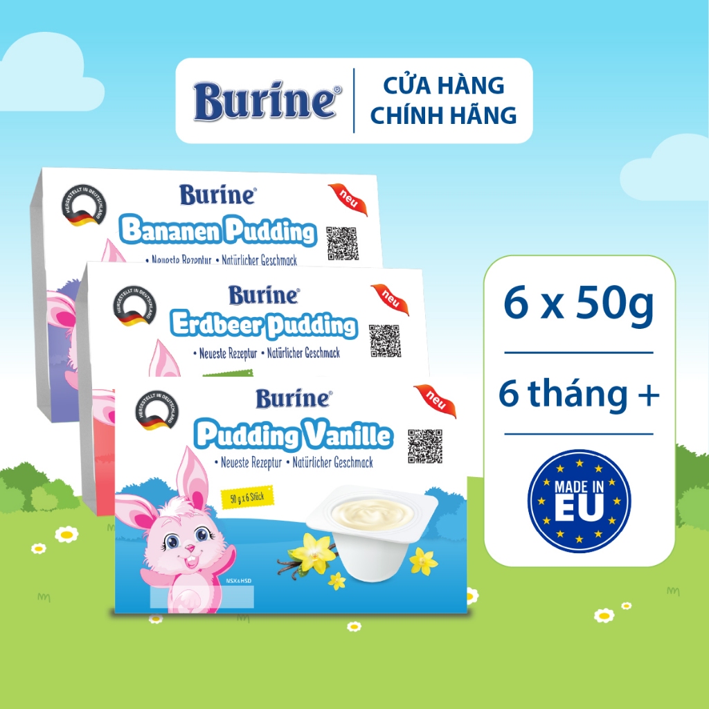 Combo 4 vỉ Pudding ăn dặm Burine dành cho bé từ 6 tháng tuổi Mix vị (Vỉ 6 Hũ x 50g)