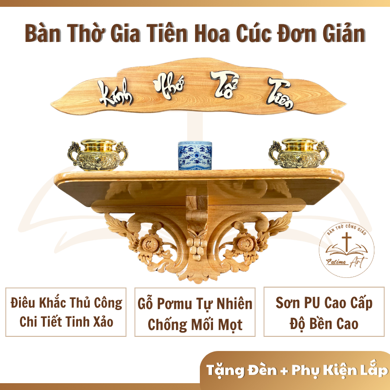 Bàn Thờ Gia Tiên Hoa Cúc Gỗ Pơmu | Bàn Thờ Treo Tường Gỗ Tự Nhiên | Đồ Thờ Cúng Sang Trọng Bền Đẹp