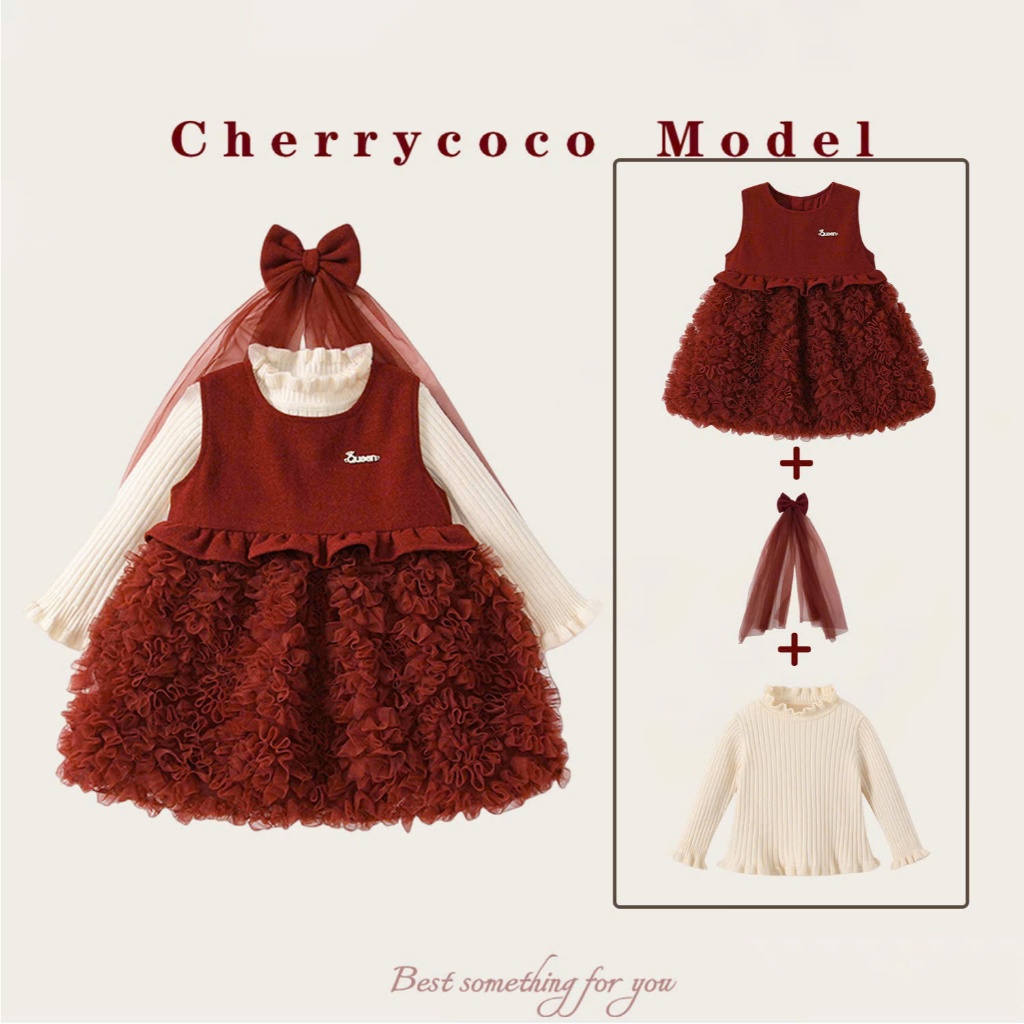Váy dạ đỏ tầng bèo công chúa kèm nơ Cherry Coco cho bé - order (form to)