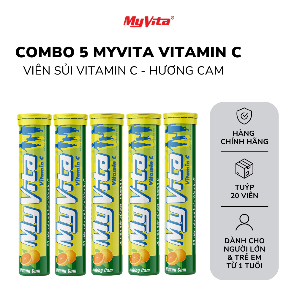 Combo 5 tuýp viên sủi TPBVSK MyVita Vitamin C hương cam, 20 viên/ tuýp