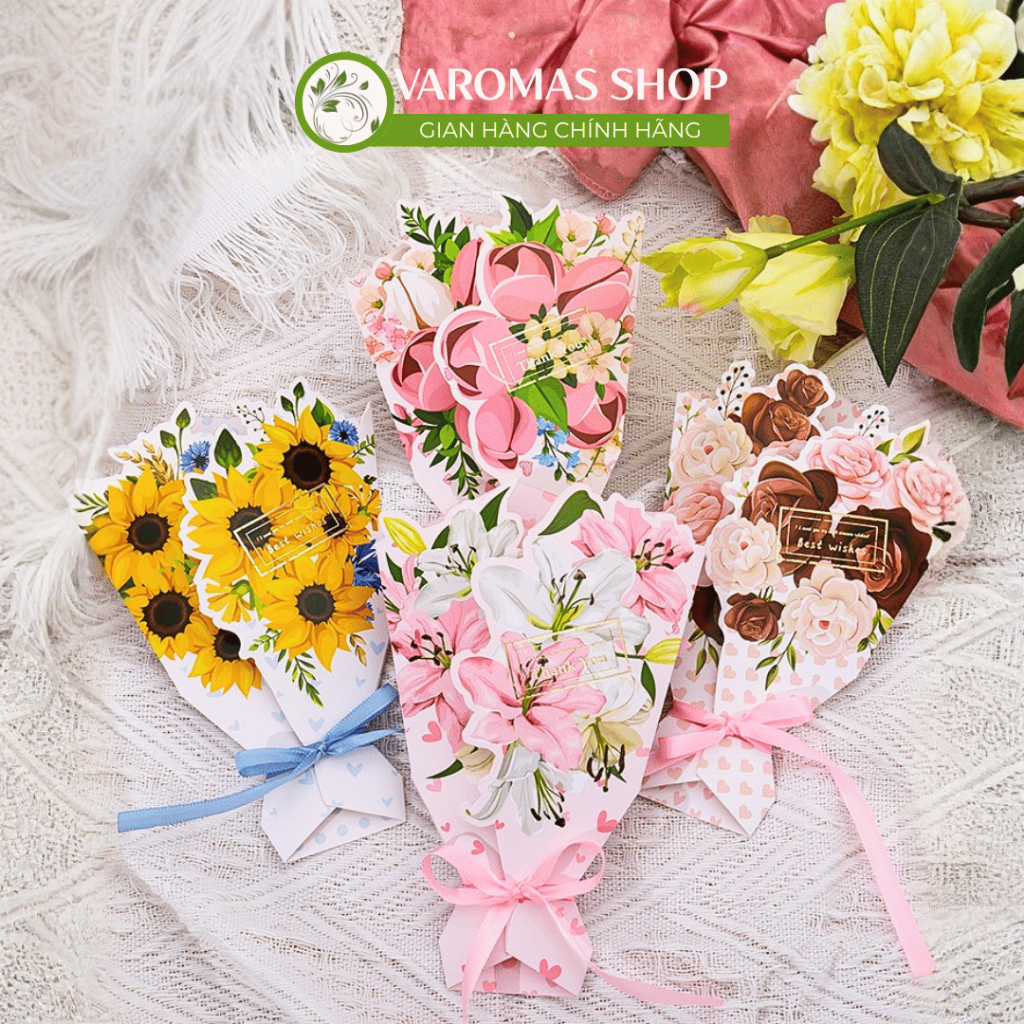 Thiệp 3D VaromaS Hình Bó Hoa Thắt Nơ – Thiệp Chúc Mừng, Thiệp Cảm Ơn Xinh Xắn Mã TH02
