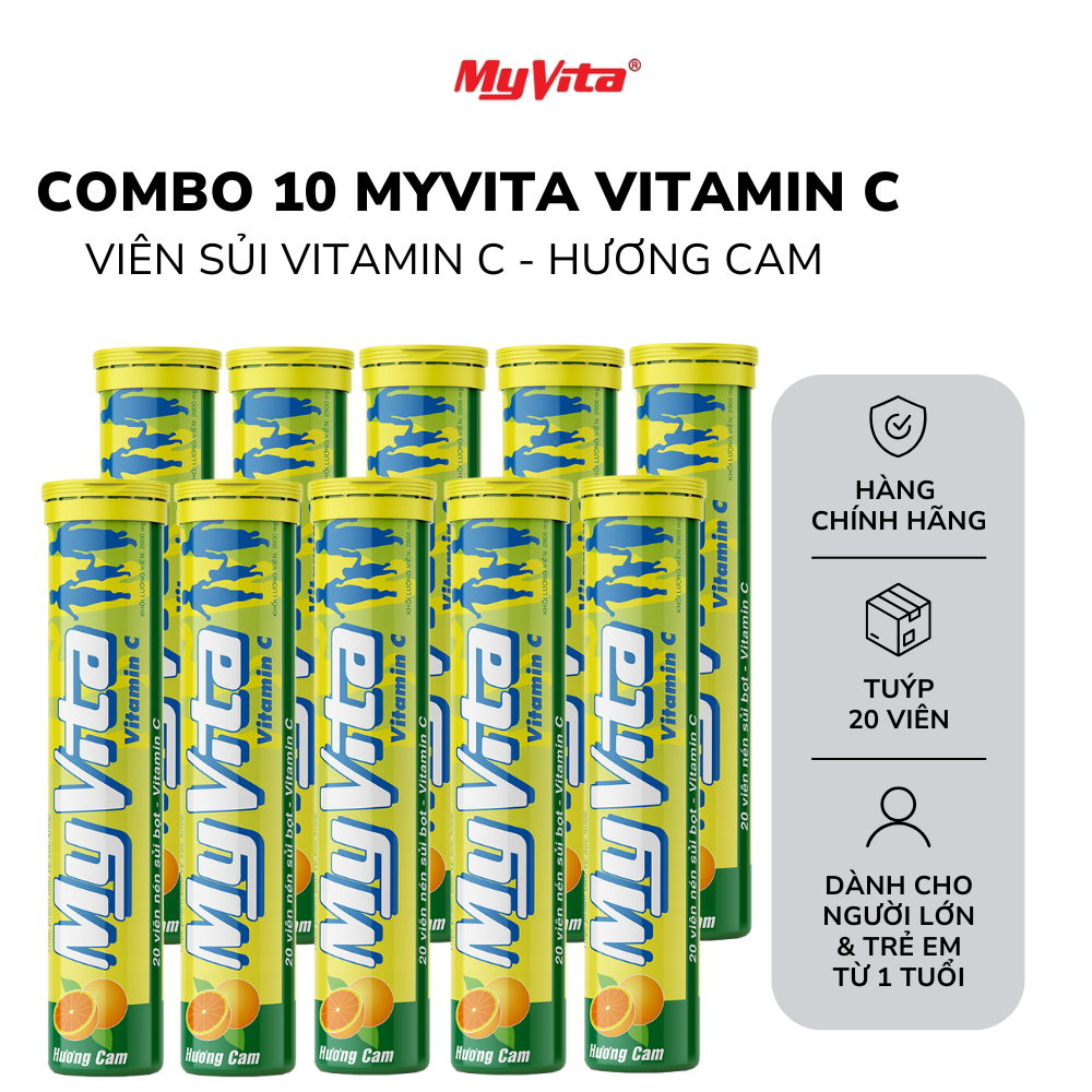 Combo 10 tuýp viên sủi TPBVSK MyVita Vitamin C hương cam, 20 viên/ tuýp