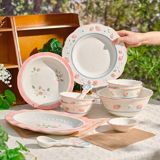   Bán lẻ  Chén ăn cơm đĩa bằng gốm sứ TA Thành Anh hoạt tiết dâu tây tráng men dùng lò vi sóng BDA45 