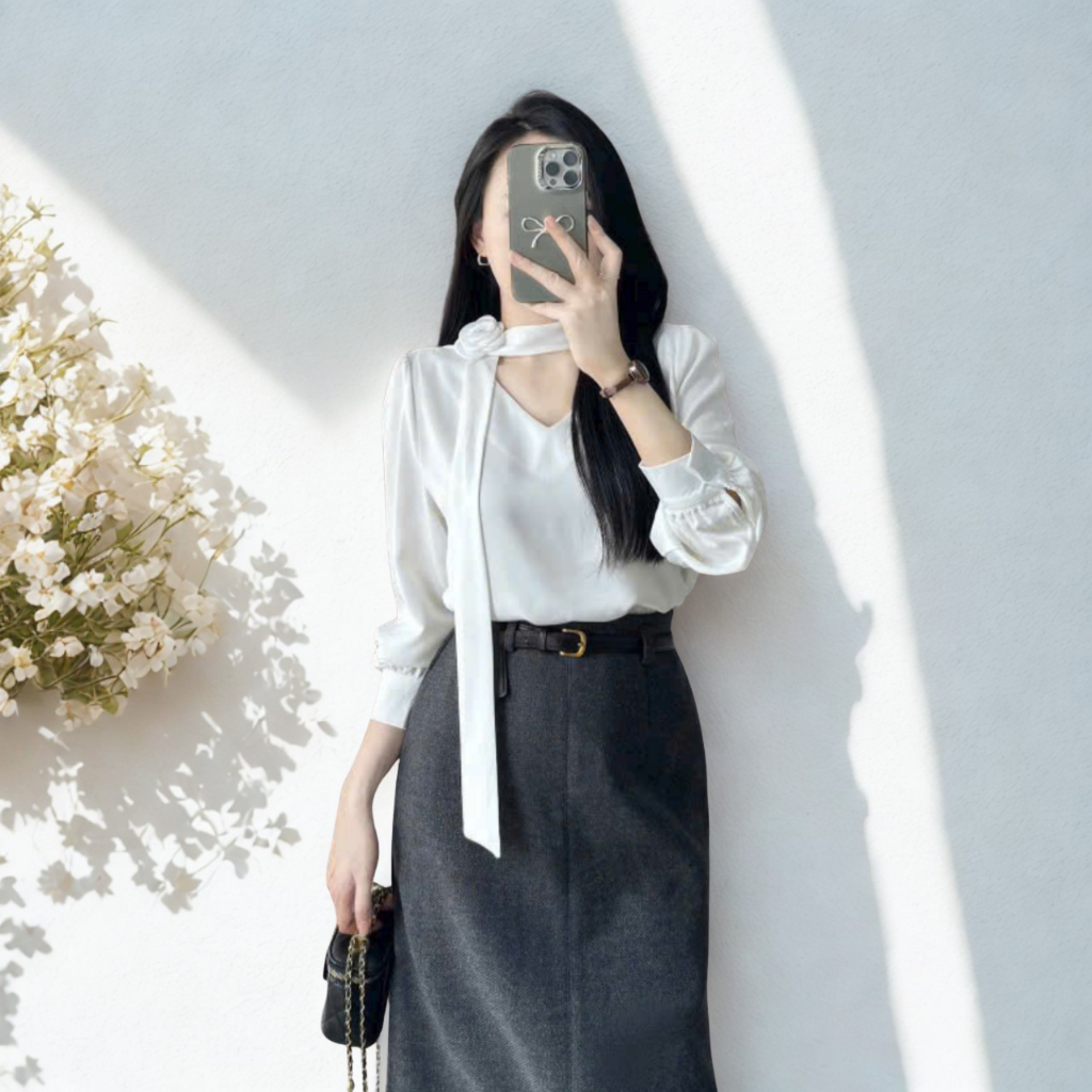 Áo sơ mi kiểu cổ V kèm hoa thời trang công sở chất liệu vải lụa cao cấp Oxatyl A621 áo kiểu dài tay | BigBuy360 - bigbuy360.vn