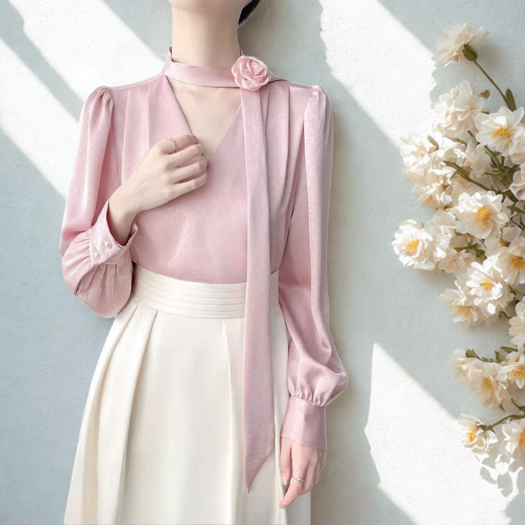 Áo sơ mi kiểu cổ V kèm hoa thời trang công sở chất liệu vải lụa cao cấp Oxatyl A621 áo kiểu dài tay | BigBuy360 - bigbuy360.vn