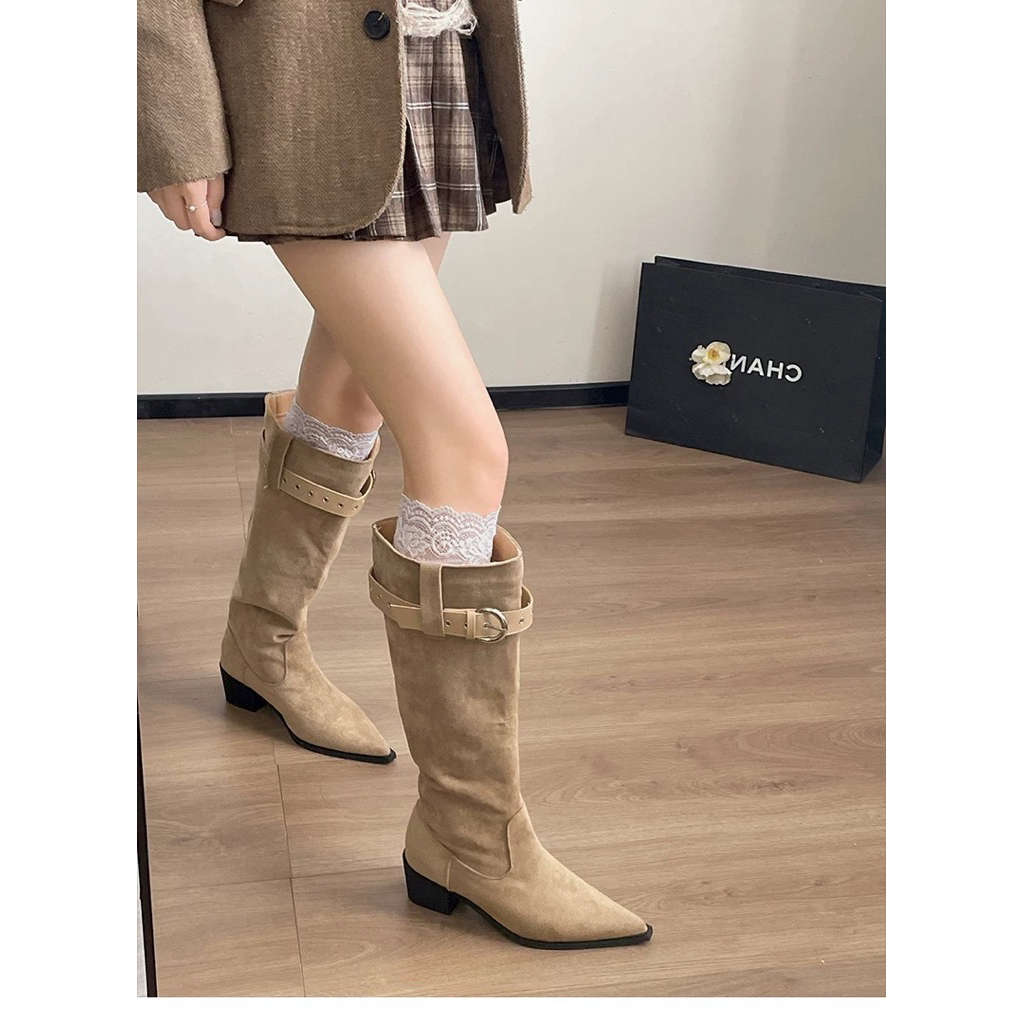 Giày boot đùi nữ mũi nhọn Bốt nữ cao cổ mũi nhọn da nhung lộn phối dây đai cao cấp
