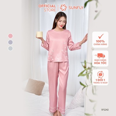 Đồ bộ mặc nhà nữ lụa satin jacquard áo tay lỡ quần dài, bộ cho mẹ trung niên sang trọng, thoải mái SUNFLY SP2242