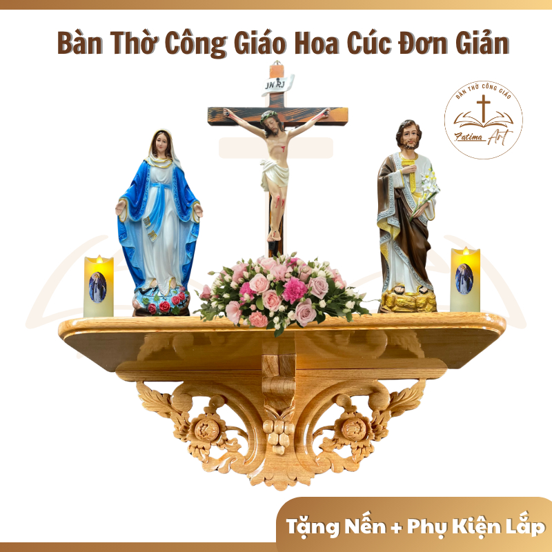 Bàn Thờ Công Giáo Hoa Cúc Gỗ Pơmu Cao Cấp | Bàn Thờ Thiên Chúa Hoa Văn Sang Trọng | Đồ Thờ Công Giáo