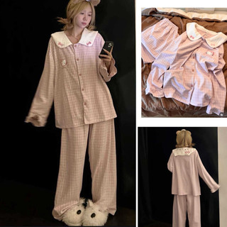  Bộ Đồ Nữ Dài Tay Kẻ Hồng Kitty bộ pyjama mặc nhà thu đông quần dài chất cotton mềm mát họa tiết cute 