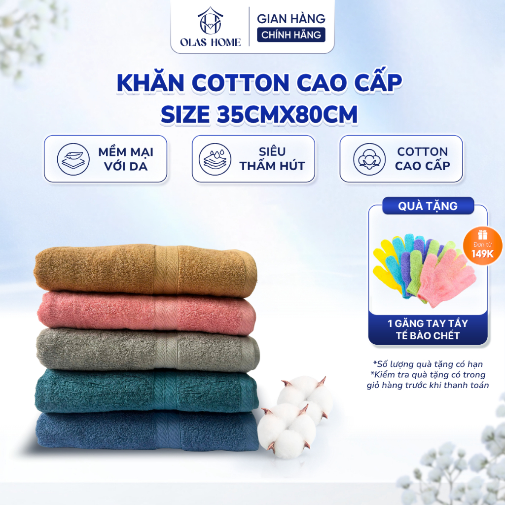 Khăn tắm cotton cao cấp, vải dày dặn, thấm hút nhanh, êm ái và thân thiện với làn da size 35x80cm | Olas Home