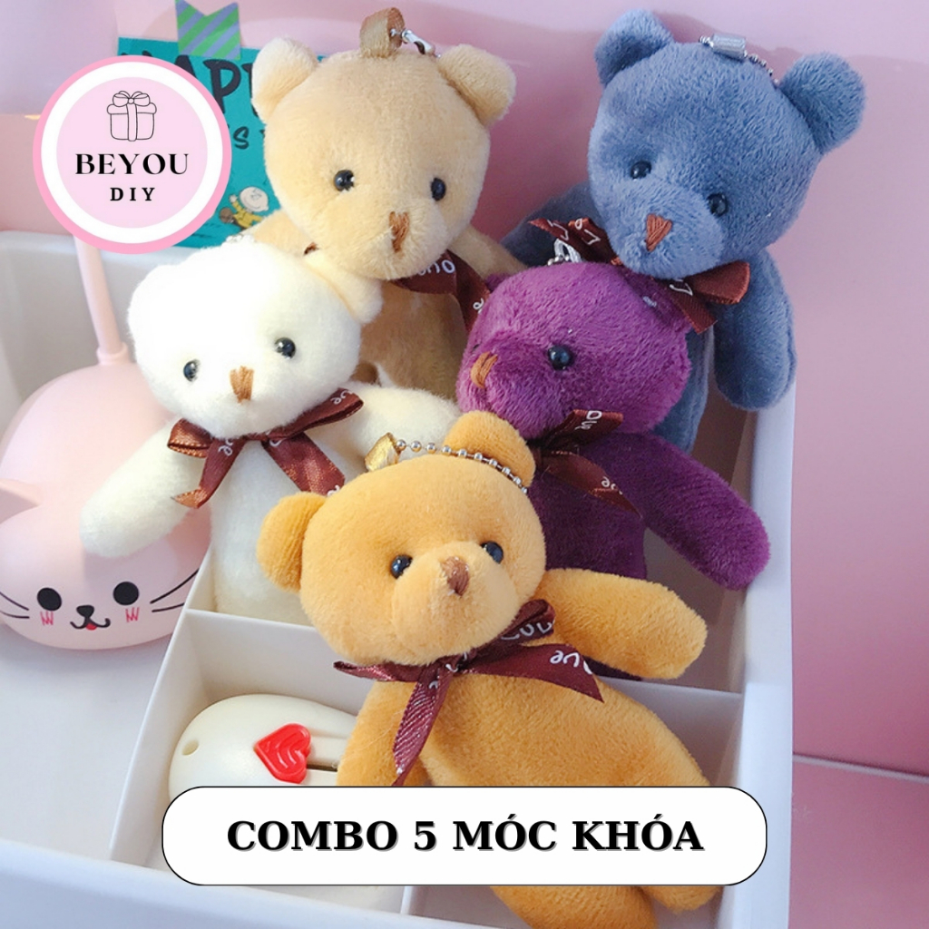 Combo 5 Móc Khóa Gấu Bông Mini Dễ Thương, Cotton Mềm Mịn Treo Balo, Túi Xách…
