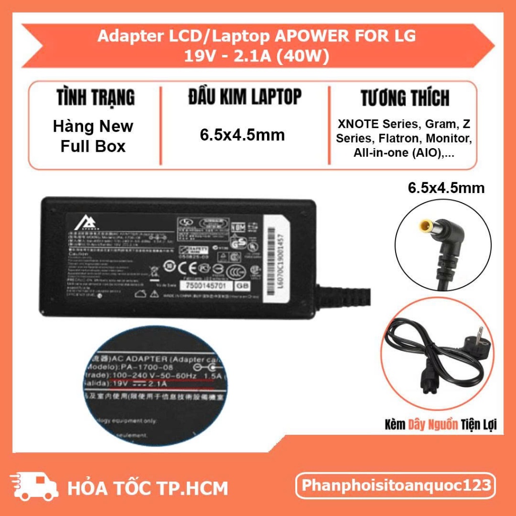 Sạc Laptop APOWER For LG 19V - 2.1A 40W (Đầu Kim Lớn 6.5mmX4.5mm) – Adapter Tương Thích Laptop LG