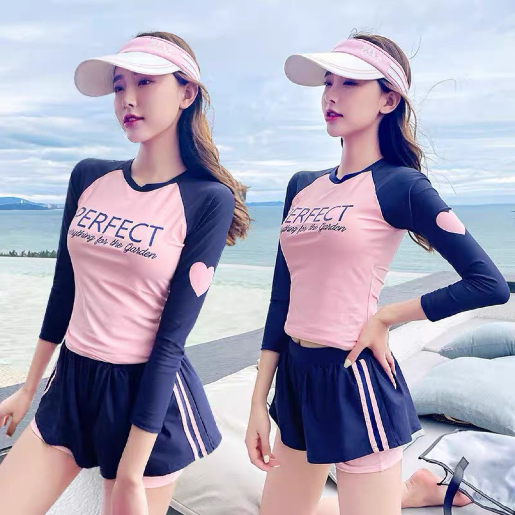 [Size M, L, XL, XXL] EMMA Đồ Bơi 2 Mảnh Phong Cách Hàn Quốc Tay Dài Quần Đùi Chống Nắng PERFECT In Hình Trái Tym | BigBuy360 - bigbuy360.vn