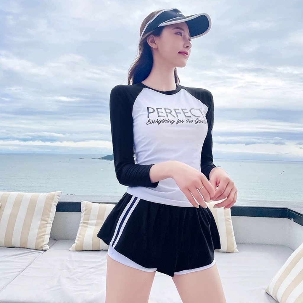 [Size M, L, XL, XXL] EMMA Đồ Bơi 2 Mảnh Phong Cách Hàn Quốc Tay Dài Quần Đùi Chống Nắng PERFECT In Hình Trái Tym | BigBuy360 - bigbuy360.vn