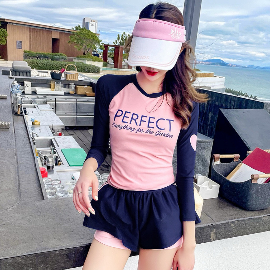 [Size M, L, XL, XXL] EMMA Đồ Bơi 2 Mảnh Phong Cách Hàn Quốc Tay Dài Quần Đùi Chống Nắng PERFECT In Hình Trái Tym | BigBuy360 - bigbuy360.vn