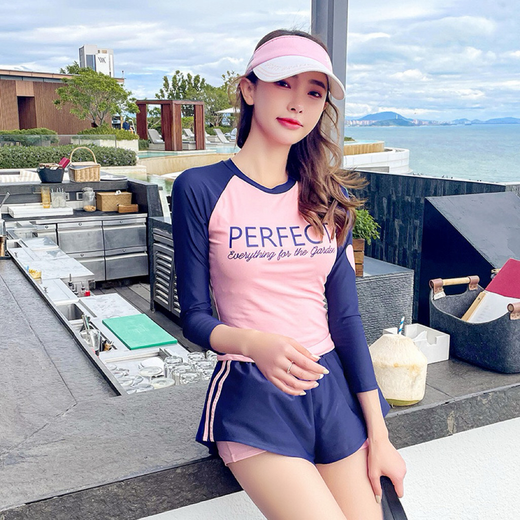 [Size M, L, XL, XXL] EMMA Đồ Bơi 2 Mảnh Phong Cách Hàn Quốc Tay Dài Quần Đùi Chống Nắng PERFECT In Hình Trái Tym | BigBuy360 - bigbuy360.vn
