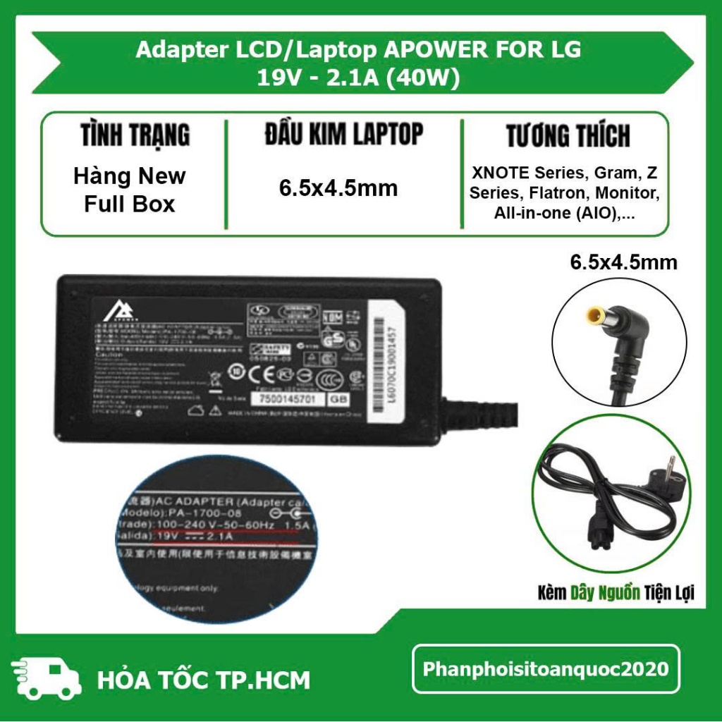 Sạc Laptop APOWER For LG 19V - 2.1A 40W (Đầu Kim Lớn 6.5mmX4.5mm) – Adapter Tương Thích Laptop LG