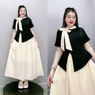  Set tiểu thư bigsize nữ áo tay ngắn cổ thắt nơ phối cùng chân váy maxi lụa trẻ trung xinh xắn SET848 