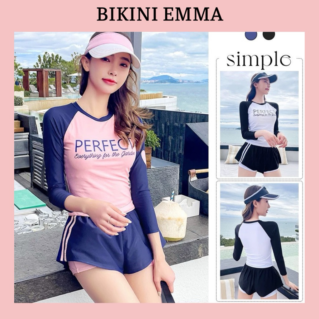 [Size M, L, XL, XXL] EMMA Đồ Bơi 2 Mảnh Phong Cách Hàn Quốc Tay Dài Quần Đùi Chống Nắng PERFECT In Hình Trái Tym