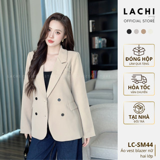   TẶNG KHĂN LỤA  Áo vest blazer nữ công sở LACHI form rộng dài tay có túi cách điệu hai lớp đệm vai bigsize LC-SM44 
