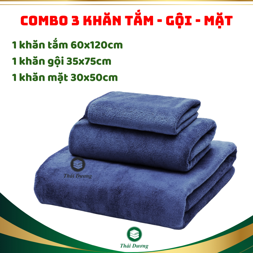 Bộ 3 khăn tắm gội mặt: 1 khăn tắm 60x120cm, 1 khăn gội đầu 35x75cm, 1 khăn mặt 30x50cm: mềm mại, thấm hút.