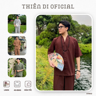 Pháp phục đi lễ chùa nam chất Linen cao cấp, đồ lam phật tử nam đi chùa phối nút tàu Thiên Di D42