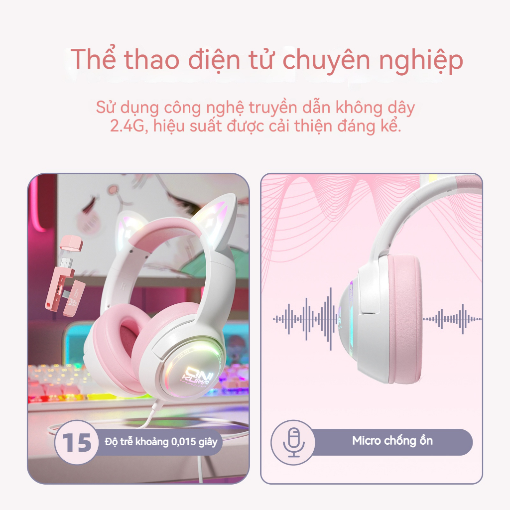 Tai Nghe Chơi Game Chụp Tai Không Dây Onikuma GT838 Hồng Tai Hồ Ly Dễ Thương Kèm Micro Đèn RGB Bluetooth Cho PC/Laptop | BigBuy360 - bigbuy360.vn